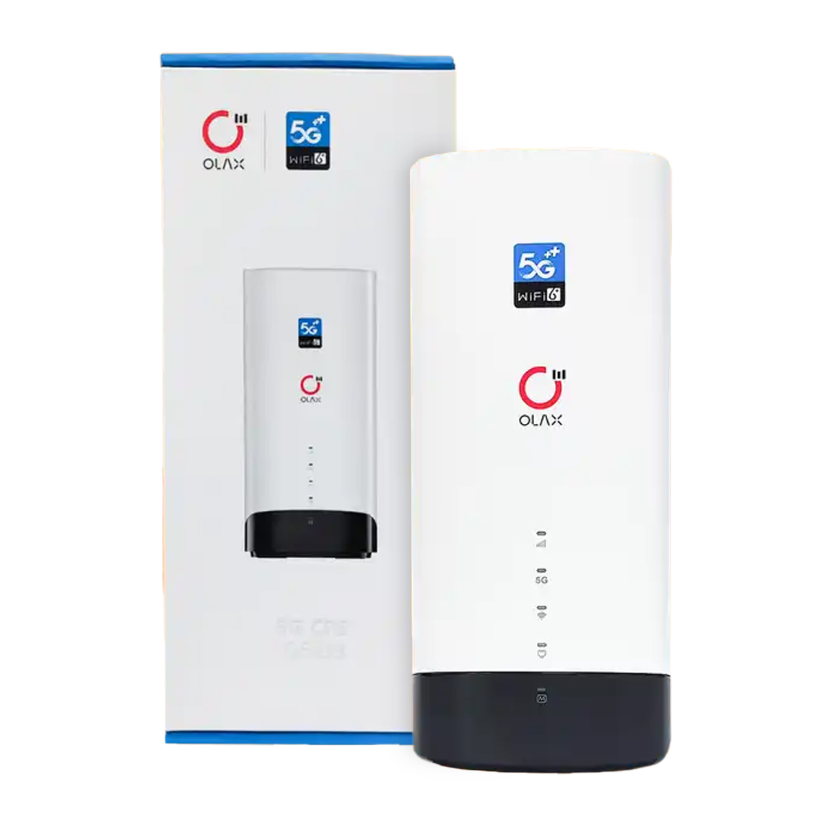 Стаціонарний 4G роутер WiFi з SIM-картою Olax G5018. Підтримка 5G технології. Вигляд спереду - індикатори, коробка. Купити на сайті Marketnet