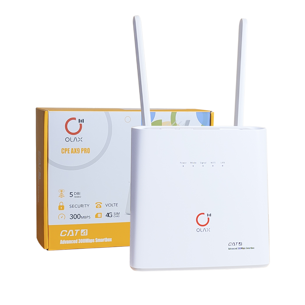 Стаціонарний 4G роутер WiFi з підтримкою SIM-карти та зовнішньої антеною Olax AX9 Pro. Вигляд спереду стаціонарного роутера і коробка. Купити на сайті Marketnet
