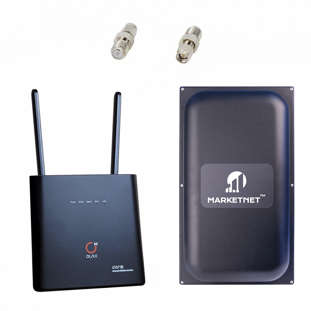  Комплект 4G інтернету для квартири: Wi-Fi роутер з cім карткою та АКБ Olax AX9 Pro + 4G LTE антена MIMO Marketnet Maxi 22 dBi. Швидко налаштувати та підключити інтернет. Склад комплекту: 4G LTE антена, 4G роутер Olax AX9 Pro, Адаптер SMA Female - 2 шт