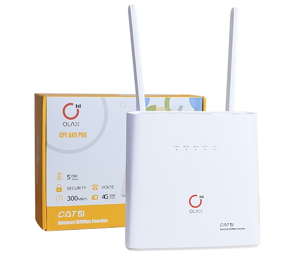  4G LTE Wi-Fi роутер Olax AX9 Pro A (Киевстар, Vodafone, Lifecell) купи на marketnet.com.ua. Быстрая доставка по Украине. Вид спереди с коробкой и двумя антеннами
