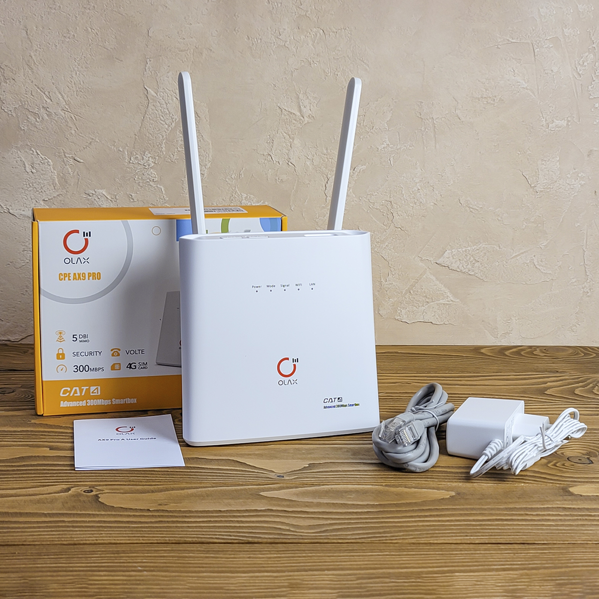  4G LTE Wi-Fi роутер Olax AX9 Pro A  купиь на marketnet.com.ua. Быстрая доставка по Украине. Вид спереди. Комплектация: роутер, 2 антенны, блок питания, кабель подключения, инструкция