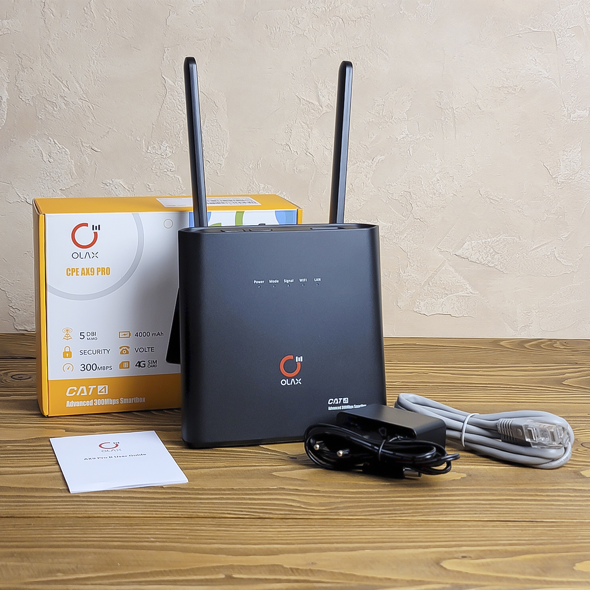 4G LTE Wi-Fi роутер Olax AX9 Pro с АКБ 4000mAh купить на marketnet.com.ua. Быстрая доставка по Украине. Вид спереди. Комплектация: роутер, 2 антенны, блок питания, кабель подключения, инструкция